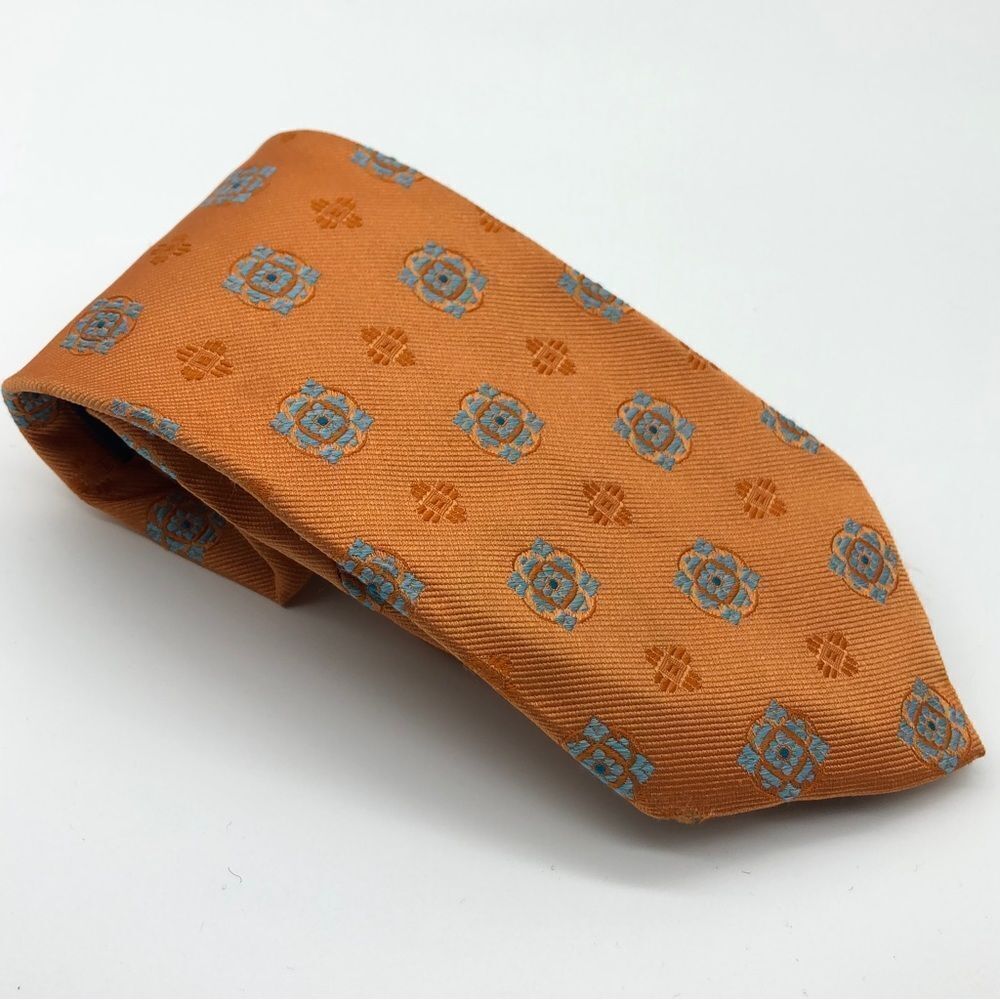 Bugatchi Orange Silk Tie with Light Blue Medallion Pattern